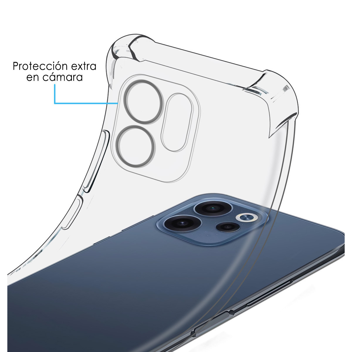 Funda transparente para teléfono que muestra una cubierta de cámara.