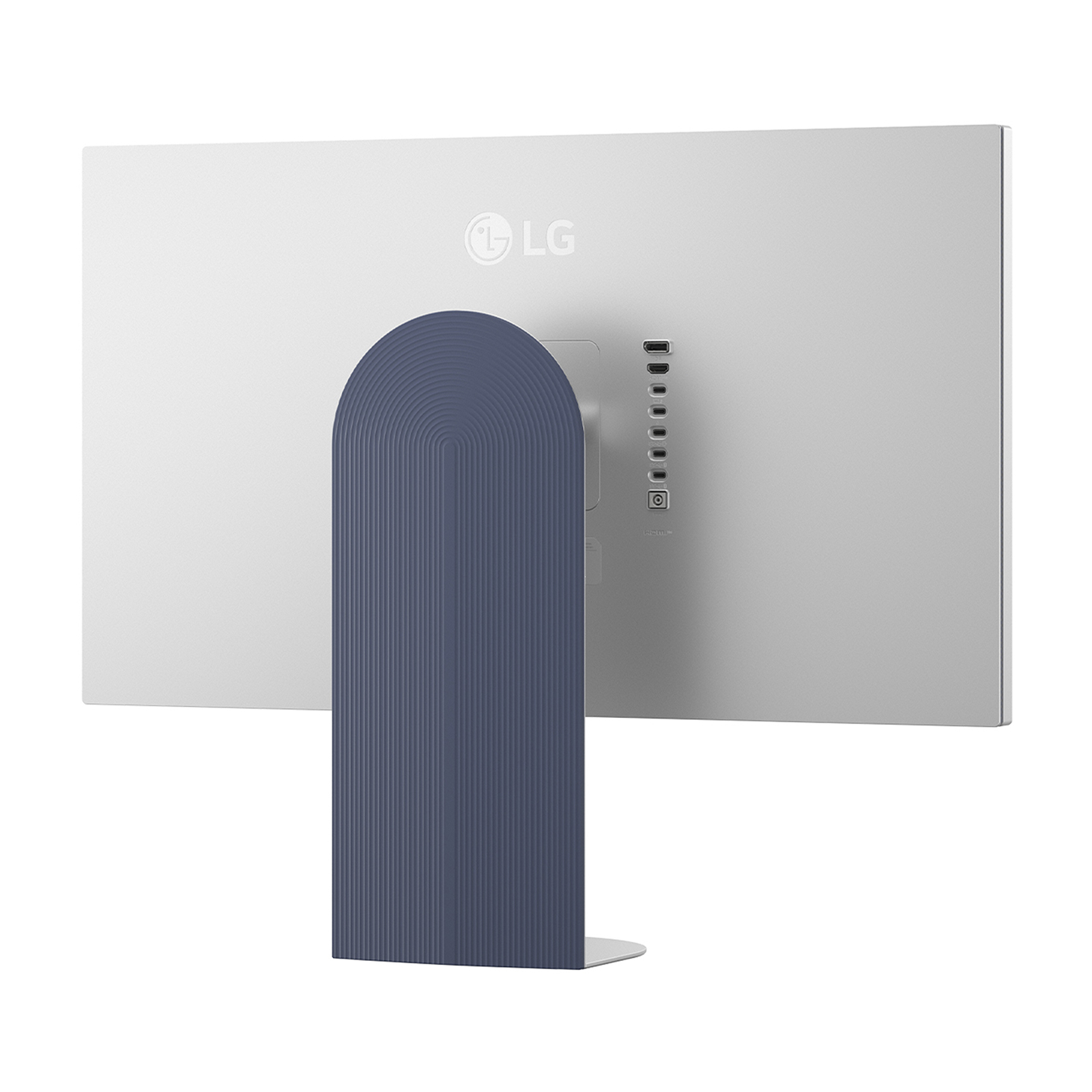 Rückseite eines silbernen LG Monitors mit blauem, geripptem Standfuß und Anschlüssen.