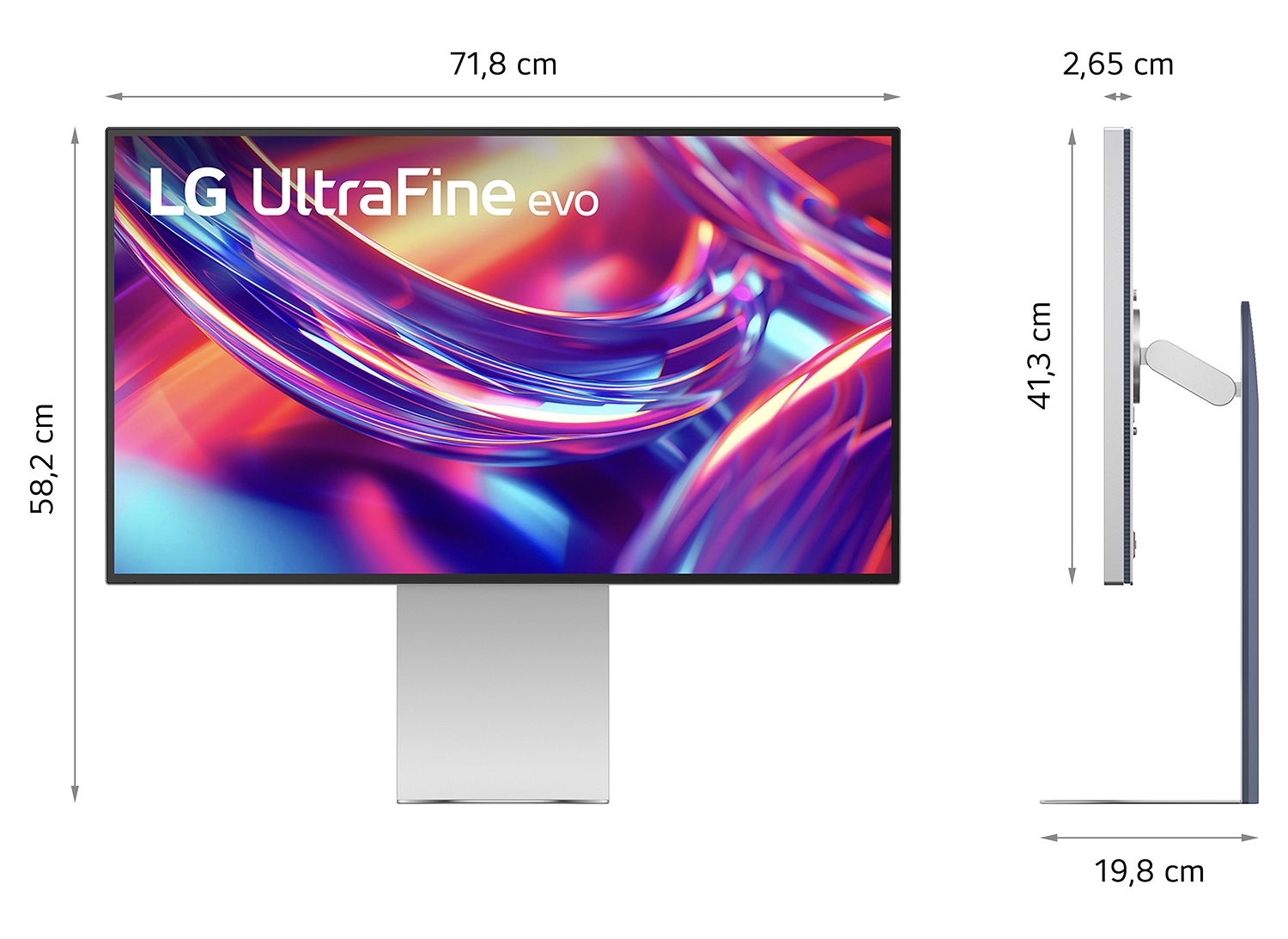 LG UltraFine evo Monitor mit farbenfrohem Hintergrund und Maßangaben.