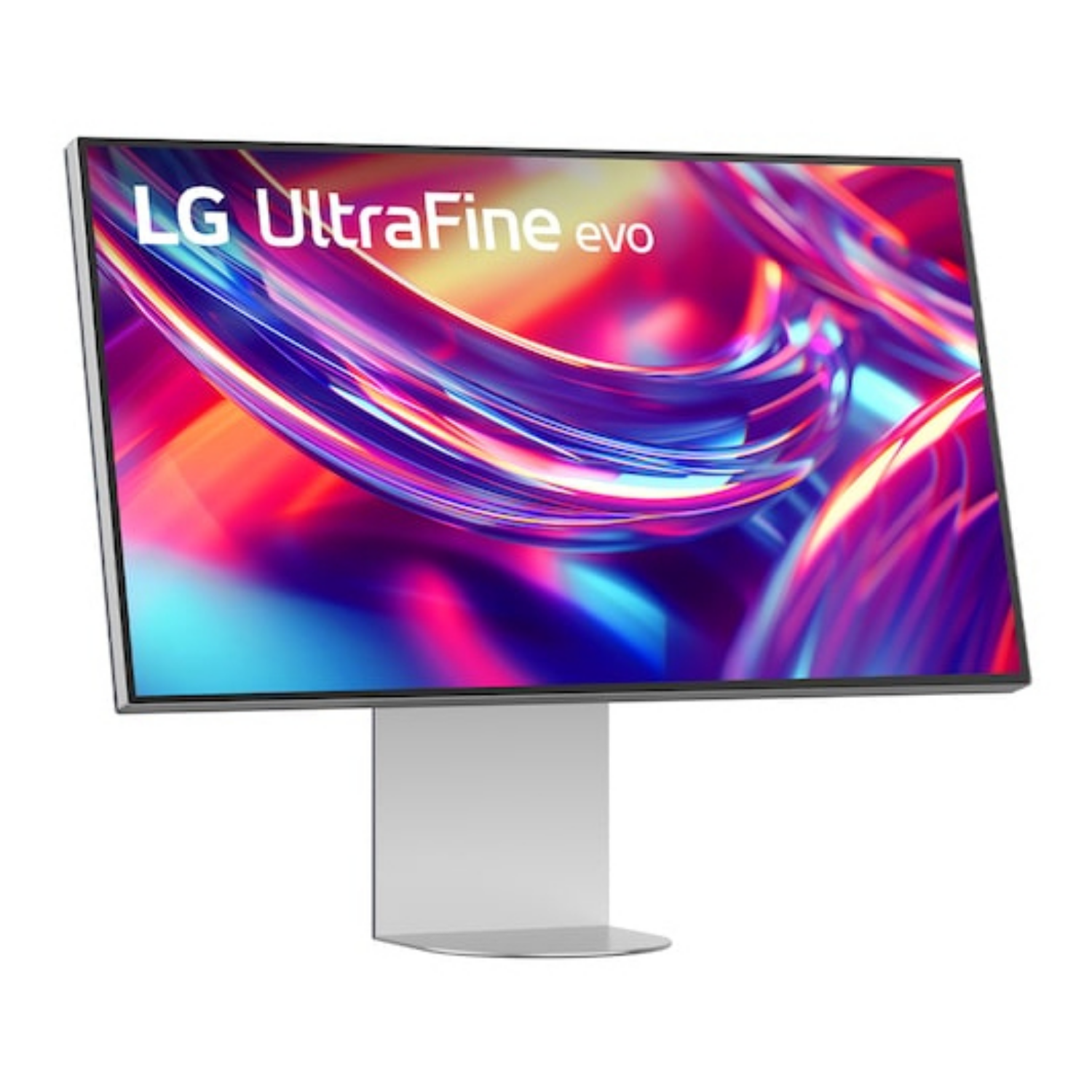 Ein LG UltraFine evo Monitor mit einem farbenfrohen, abstrakten Hintergrund und einem silbernen Standfuß.