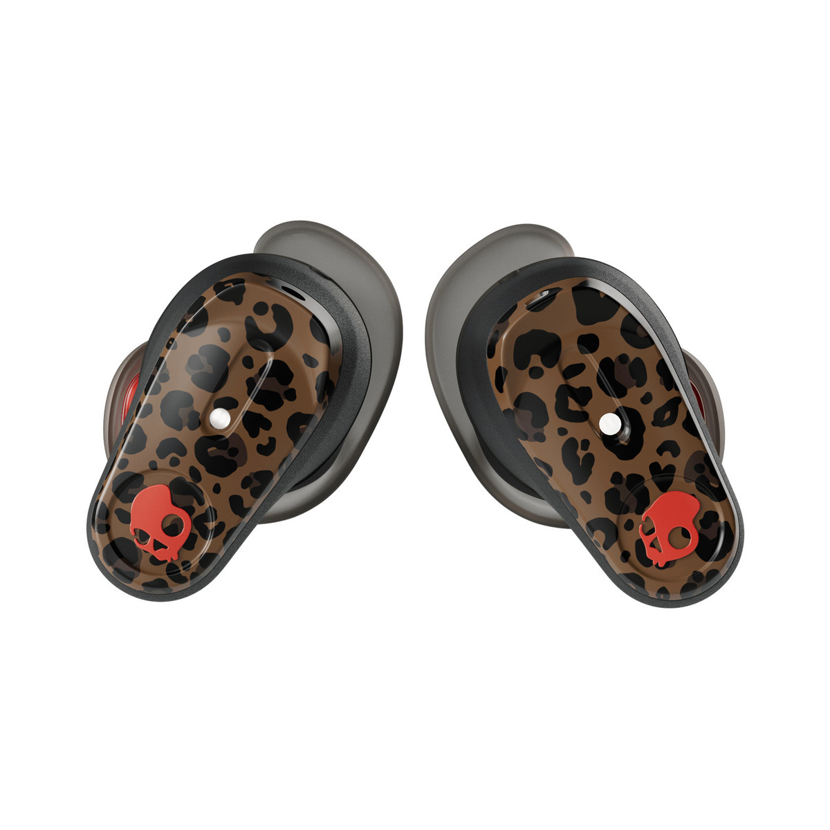 Braune Kopfhörer mit Leopardenmuster und rotem Totenkopf-Logo.