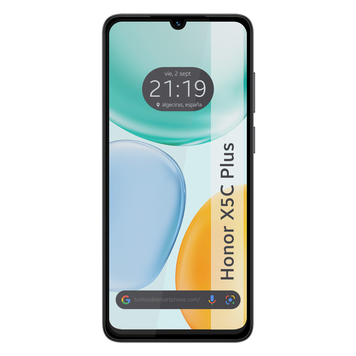Smartphone Honor X5C Plus mostrando las 21:19 y el tiempo en Algeciras, España.