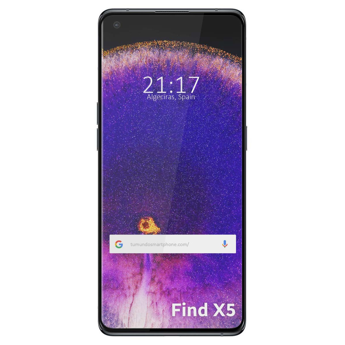 Un smartphone muestra las 21:17, Algeciras, España y "Find X5".