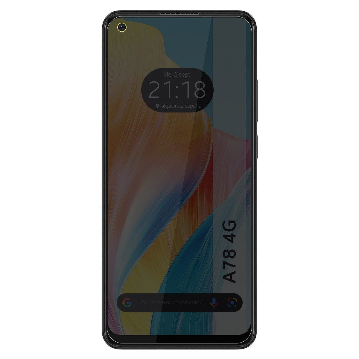 Un smartphone negro muestra su pantalla de bloqueo con hora, fecha y ubicación.