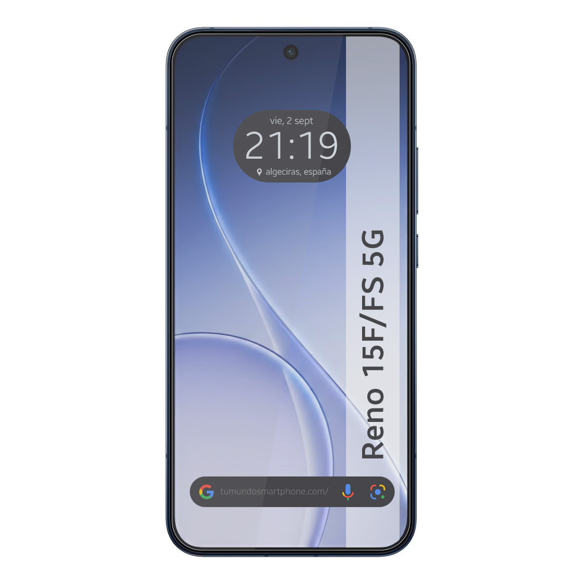 Un teléfono oscuro con fondo azul muestra las 21:19.