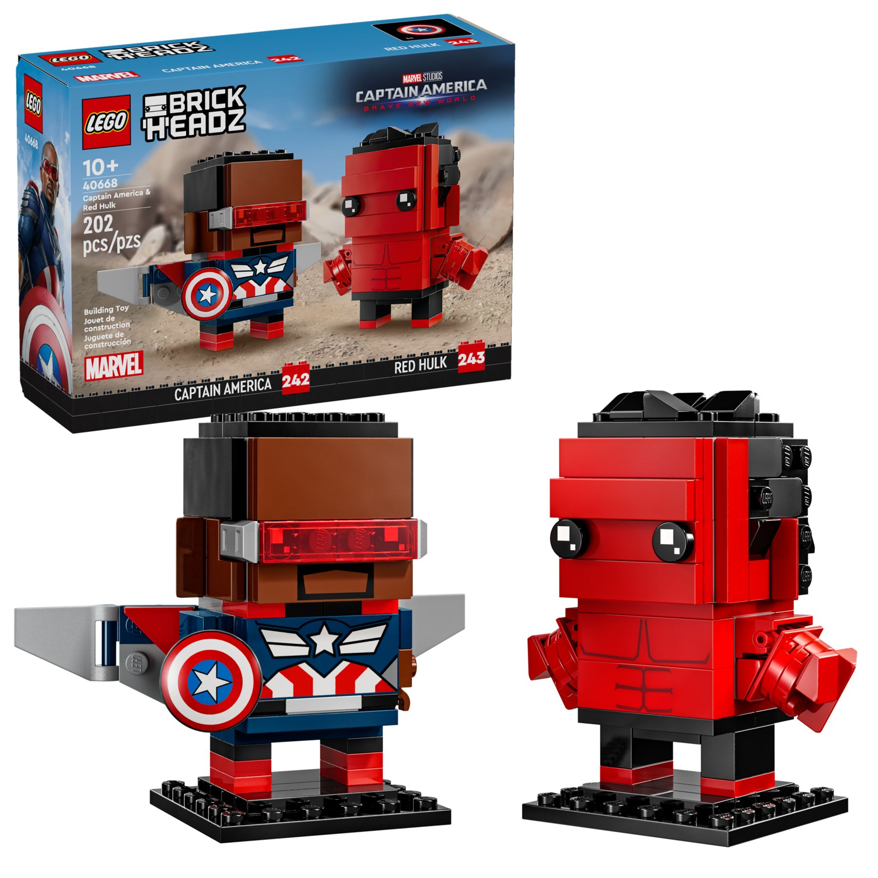 Siyah tabanlı Kaptan Amerika ve Kızıl Hulk LEGO BrickHeadz figürleri.