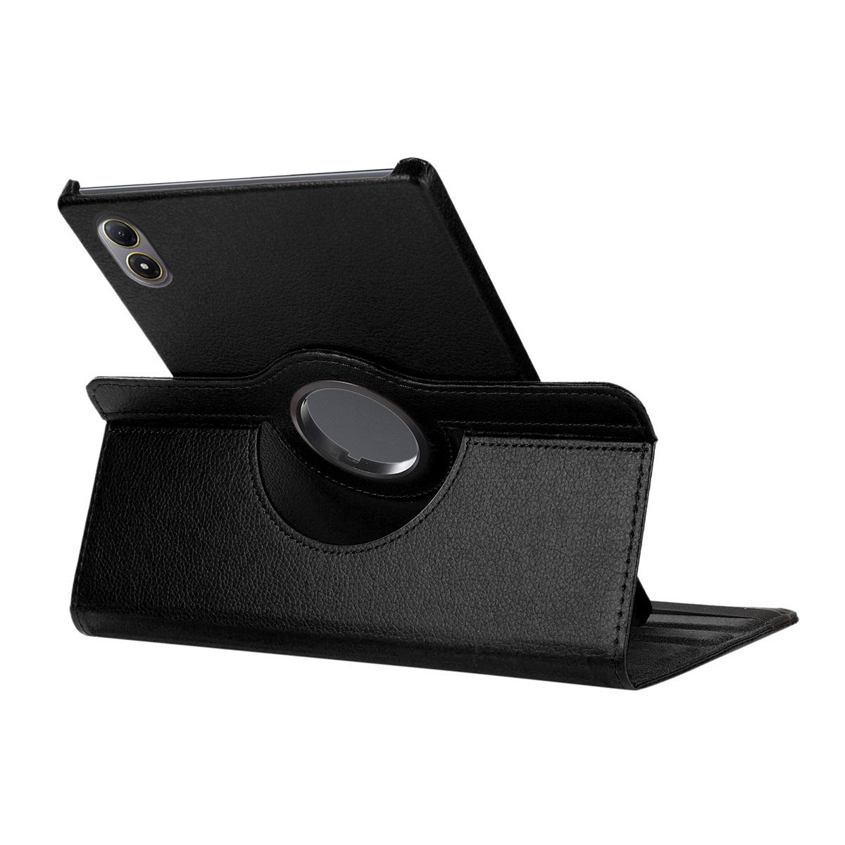 Funda de cuero negra con un smartphone giratorio al fondo.