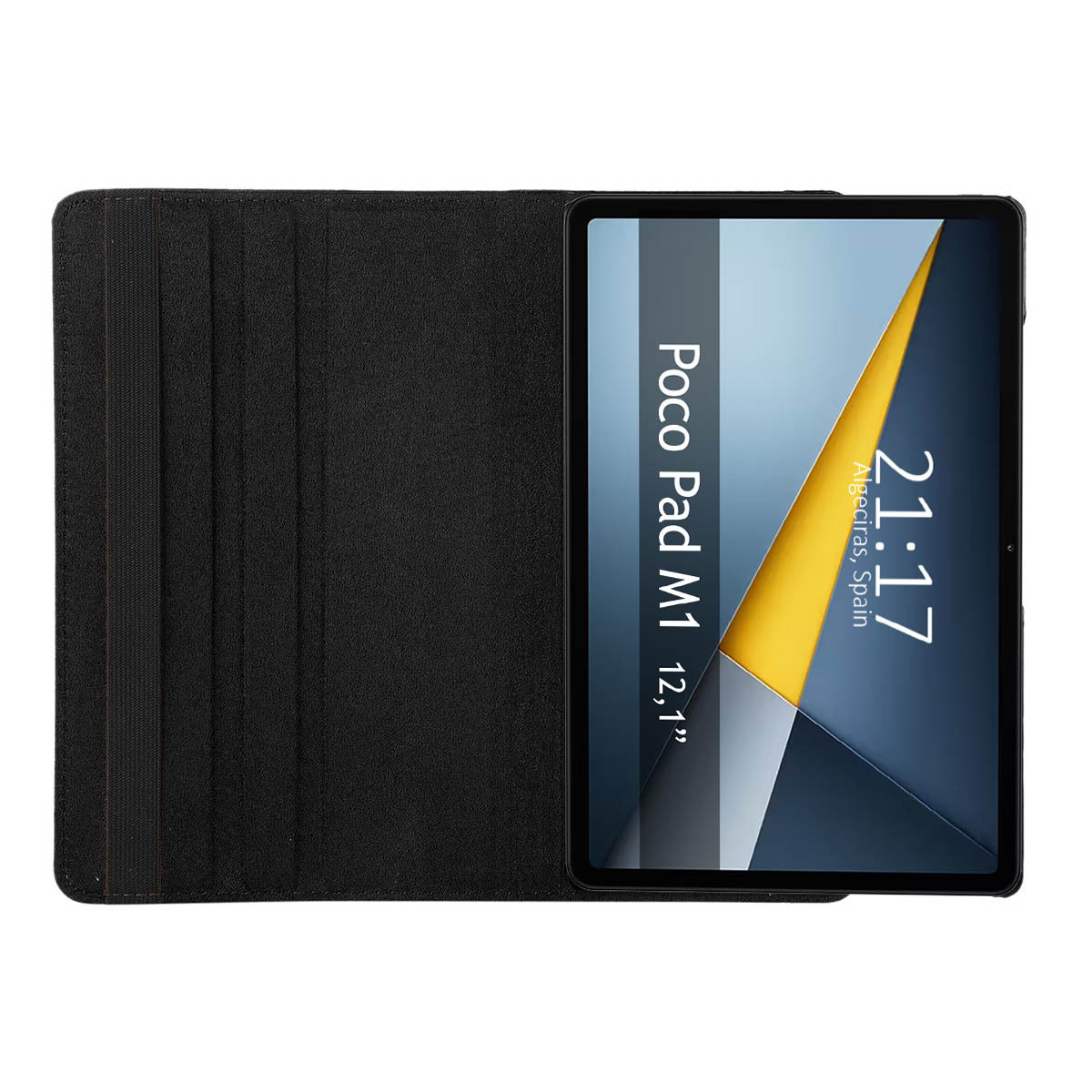 Funda negra para tableta con Poco Pad M1 de 12,1" y hora 21:17.