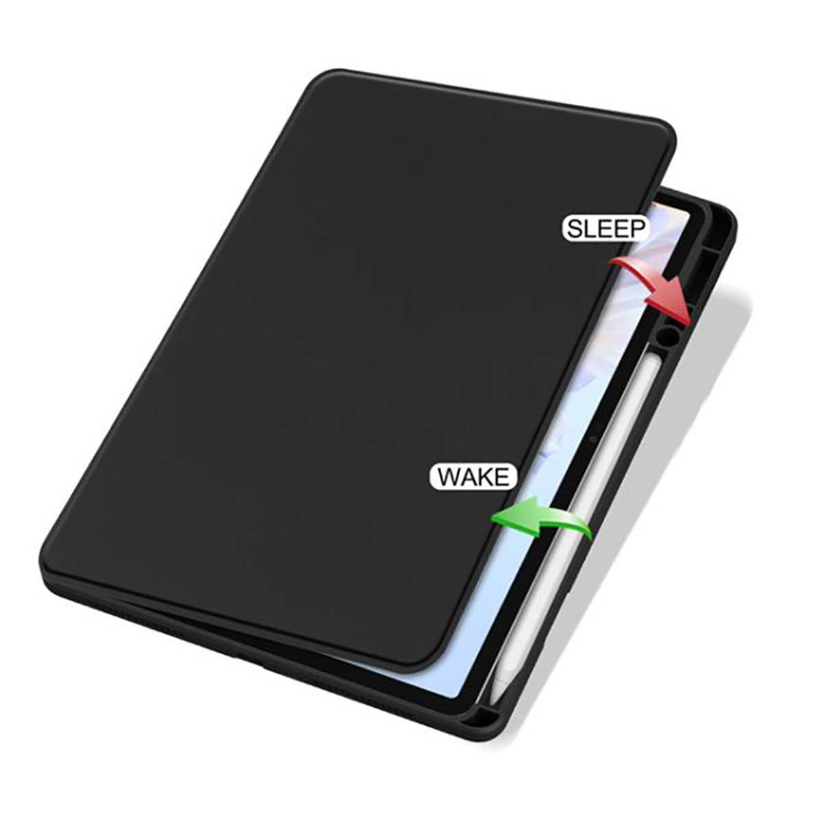 Funda negra para tableta con lápiz, con flechas para despertar y dormir.