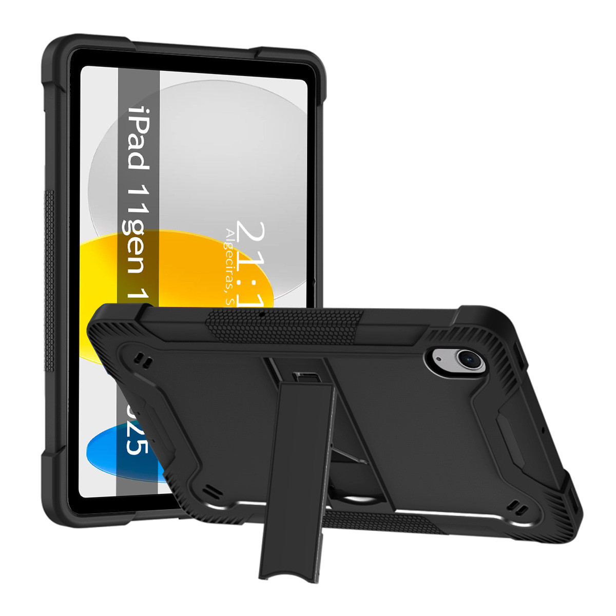 Funda negra para iPad con soporte. La parte frontal muestra pantalla con texto 'iPad 11gen 1'.