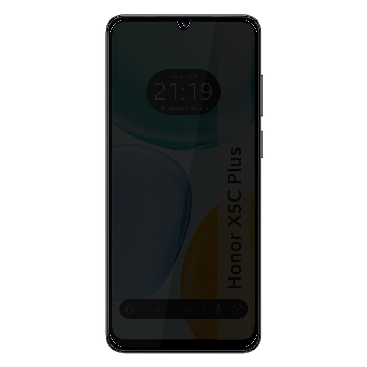Pantalla oscura de smartphone muestra hora 21:19, fecha, ubicación y texto Honor X5C Plus.