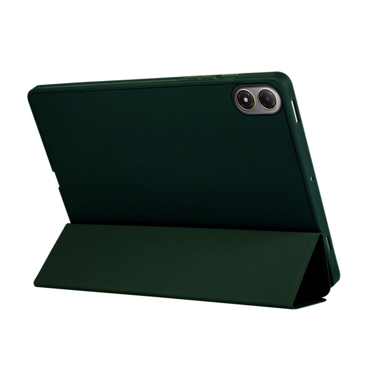 Tableta verde oscuro con funda que sirve de soporte.