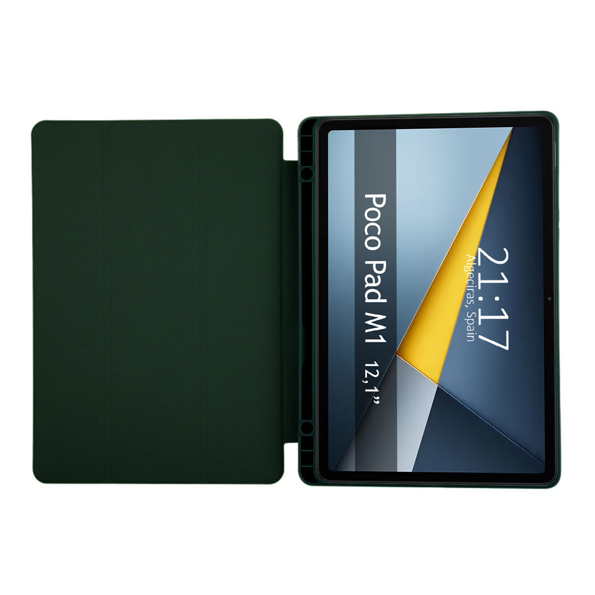Funda verde oscuro que muestra una tablet Poco Pad M1 de 12,1 pulgadas.