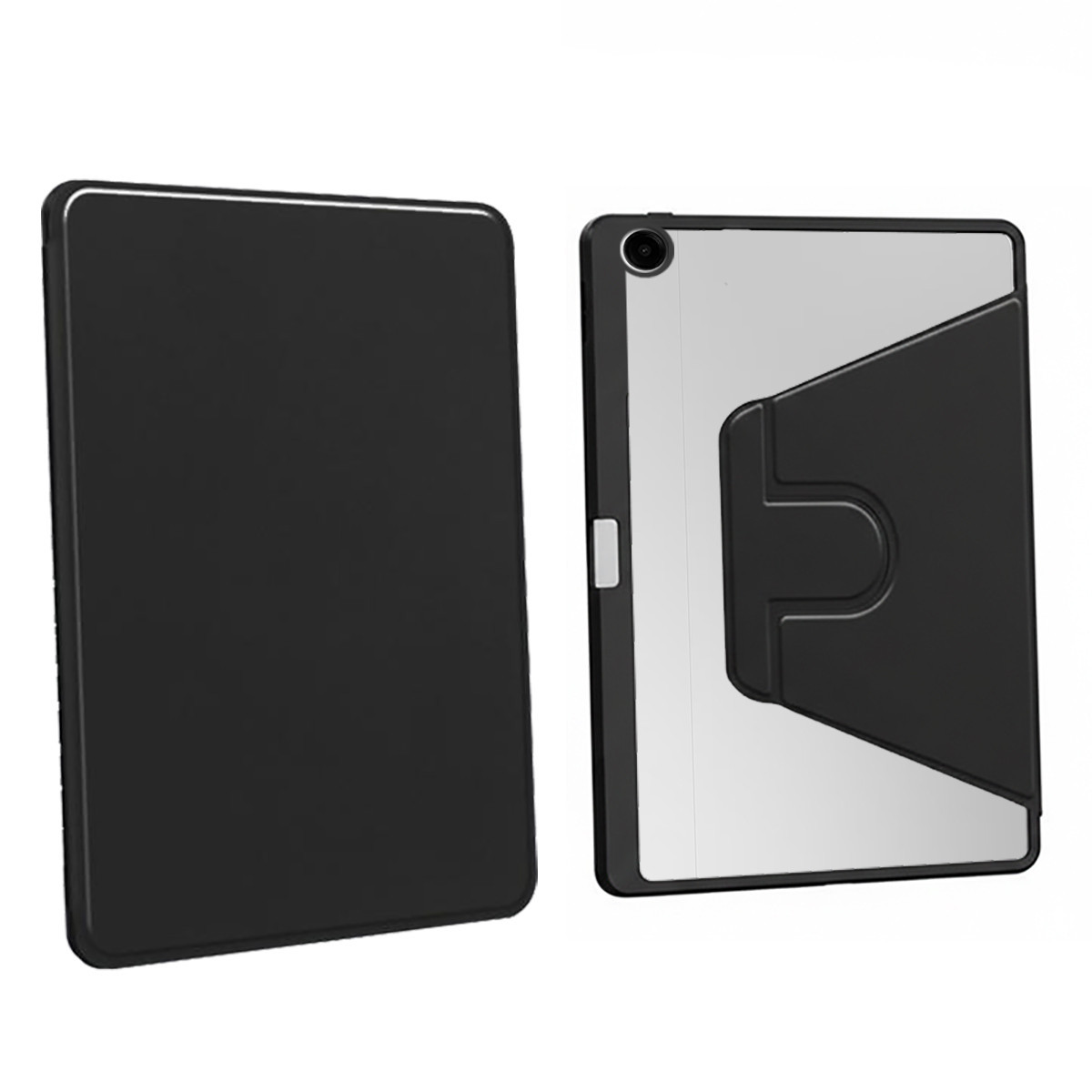Una tableta negra con una funda negra que tiene un recorte en forma de U en la parte posterior.