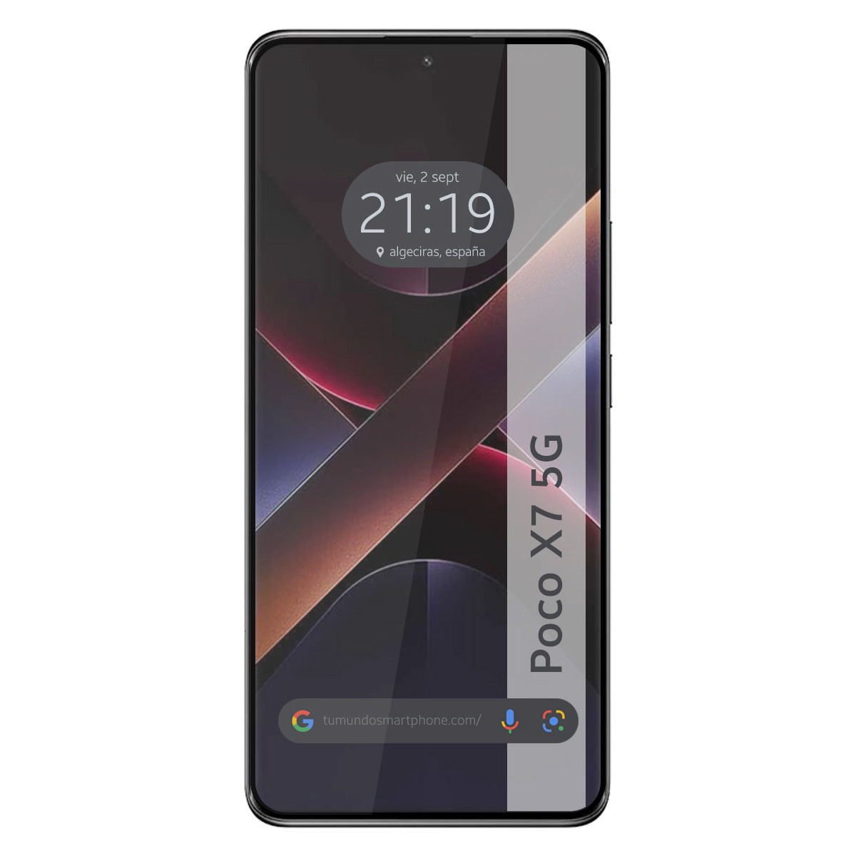 Un smartphone que muestra la hora 21:19, fecha, lugar y texto Poco X7 5G.