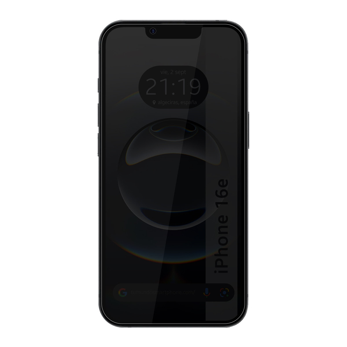 Teléfono oscuro con texto "iPhone 16e", hora 21:19.