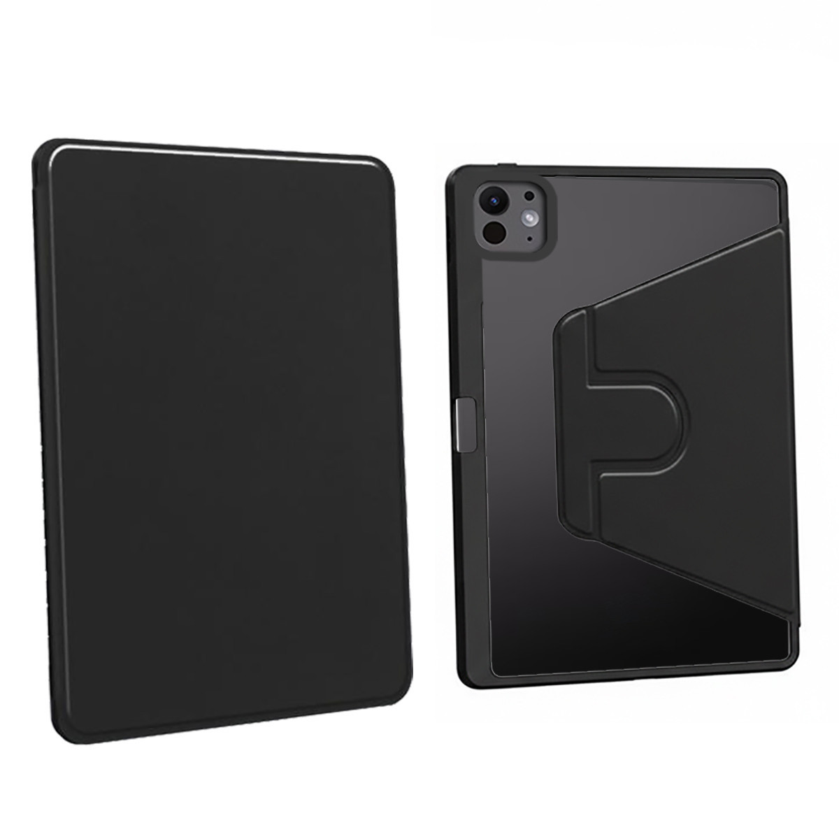 Dos fundas negras para tableta una al lado de la otra, una cerrada, otra abierta.