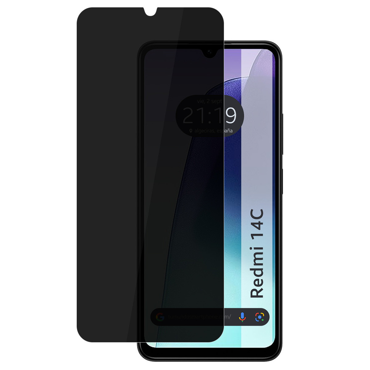 Un protector de pantalla de privacidad negro cubre la mayor parte de la pantalla de un teléfono Redmi 14C.