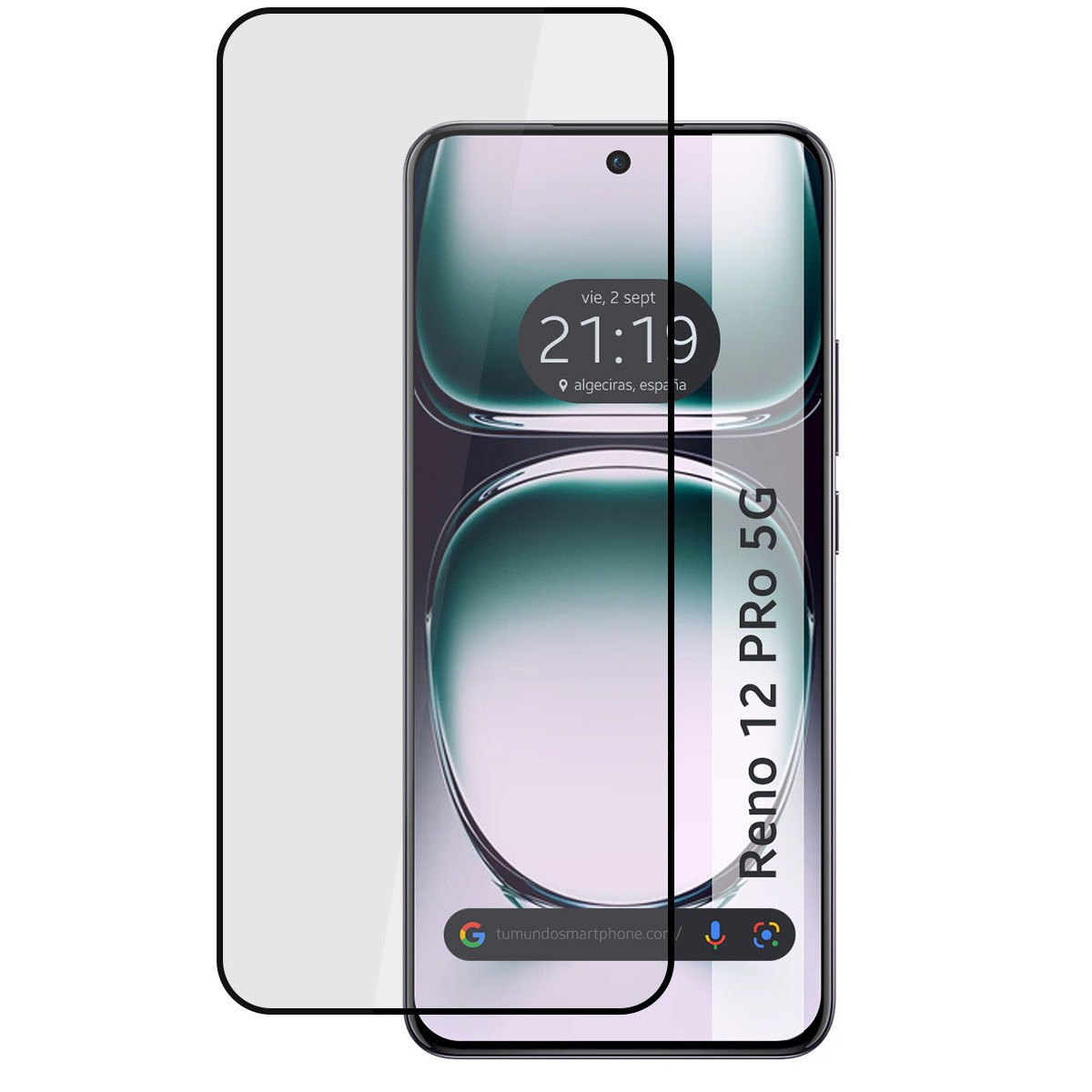 Un protector de pantalla sobre un smartphone que muestra la hora y fecha.