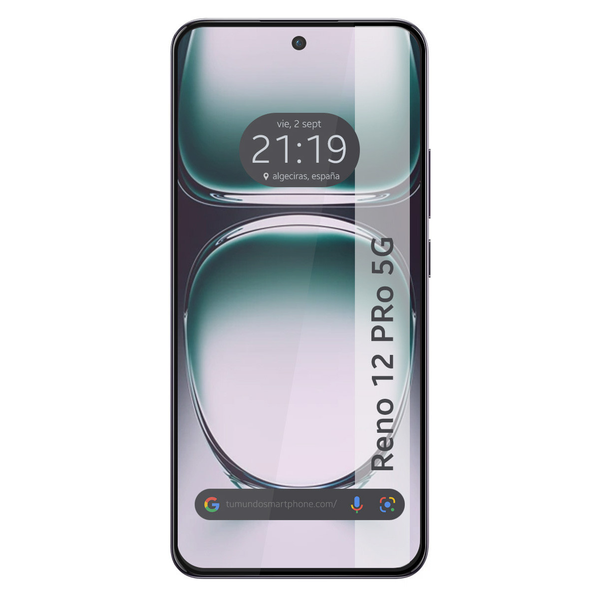 Un smartphone negro muestra la hora 21:19 en su pantalla, con un fondo de formas abstractas verdes y blancas.