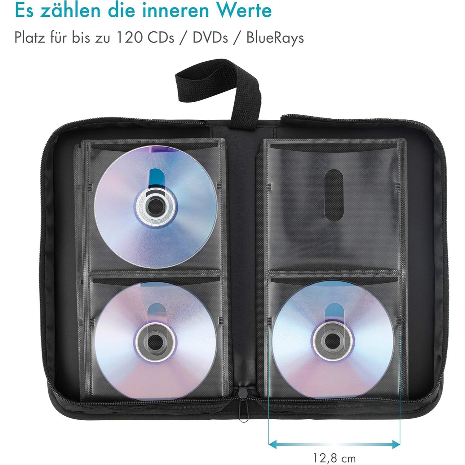 Schwarze CD-Hülle mit mehreren Fächern, die CDs/DVDs/Blu-rays aufnehmen.
