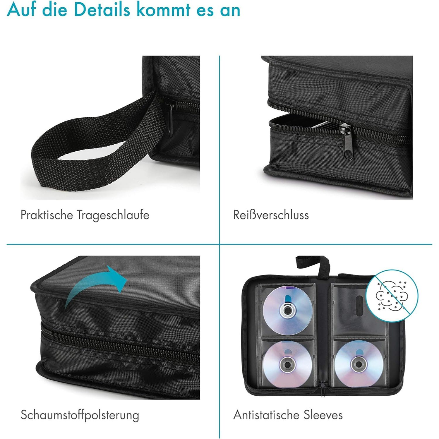 Schwarze CD-Tasche mit Griff, Reißverschluss, Polsterung und antistatischen Hüllen.