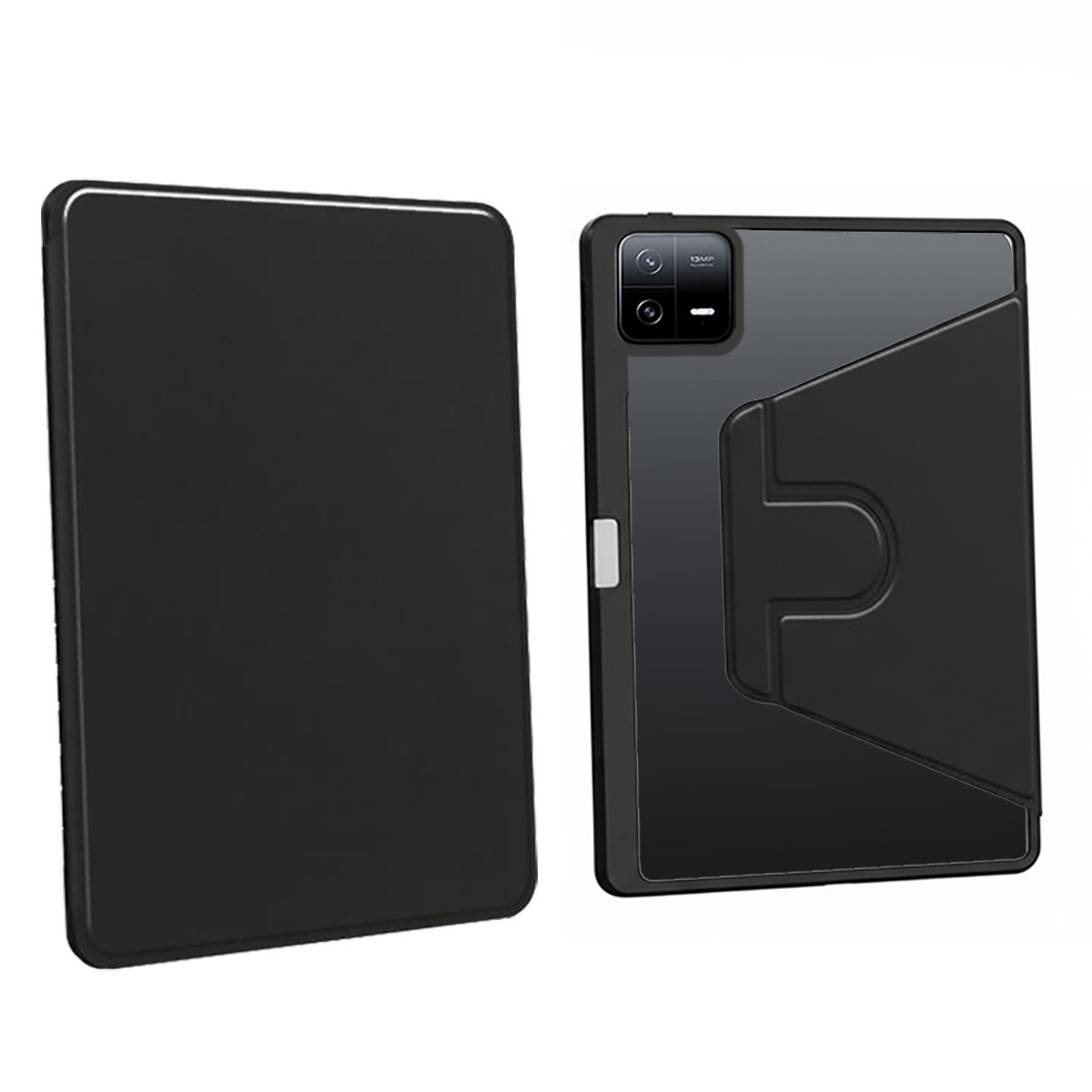 Una funda negra para tableta y una tableta con funda negra, parte trasera con cámara.