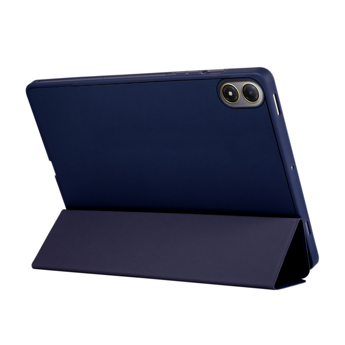 Tableta azul oscuro con funda, de pie sobre fondo blanco.