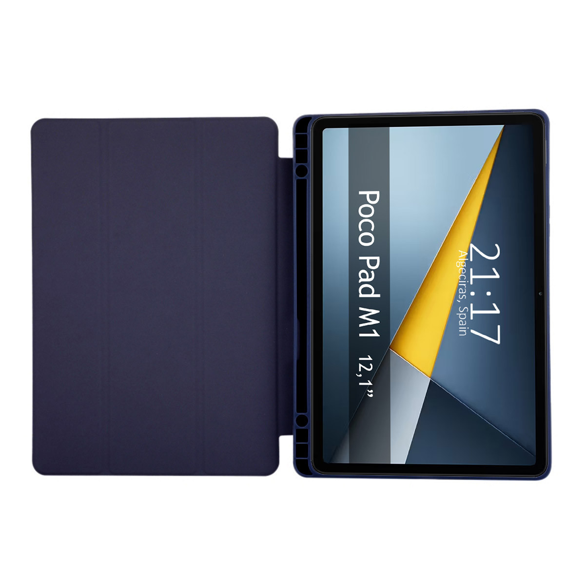 Funda azul oscuro para tablet abierta mostrando pantalla Poco Pad M1 12,1".