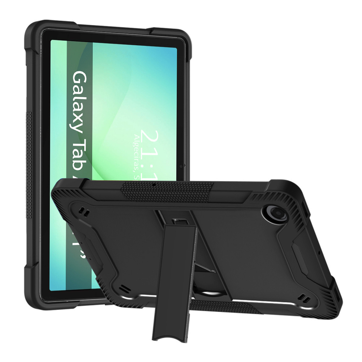 Funda negra para tableta con soporte. Vista frontal de la tableta, 