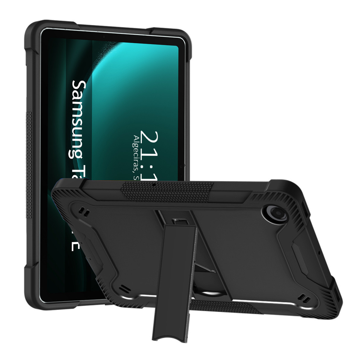 Funda negra para tableta con soporte. Una tableta está dentro.