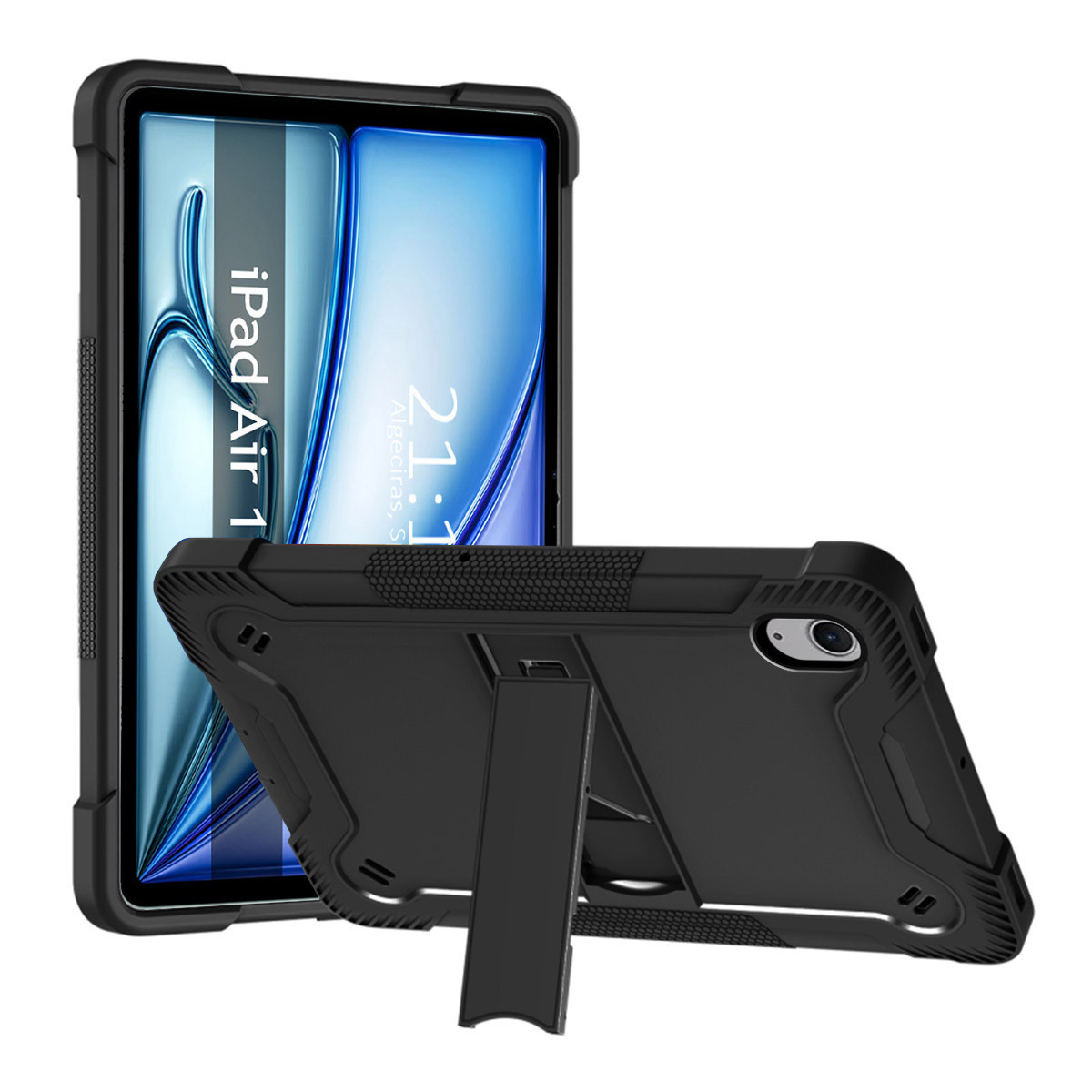 Funda negra para iPad Air 1 con soporte, vista frontal y trasera.