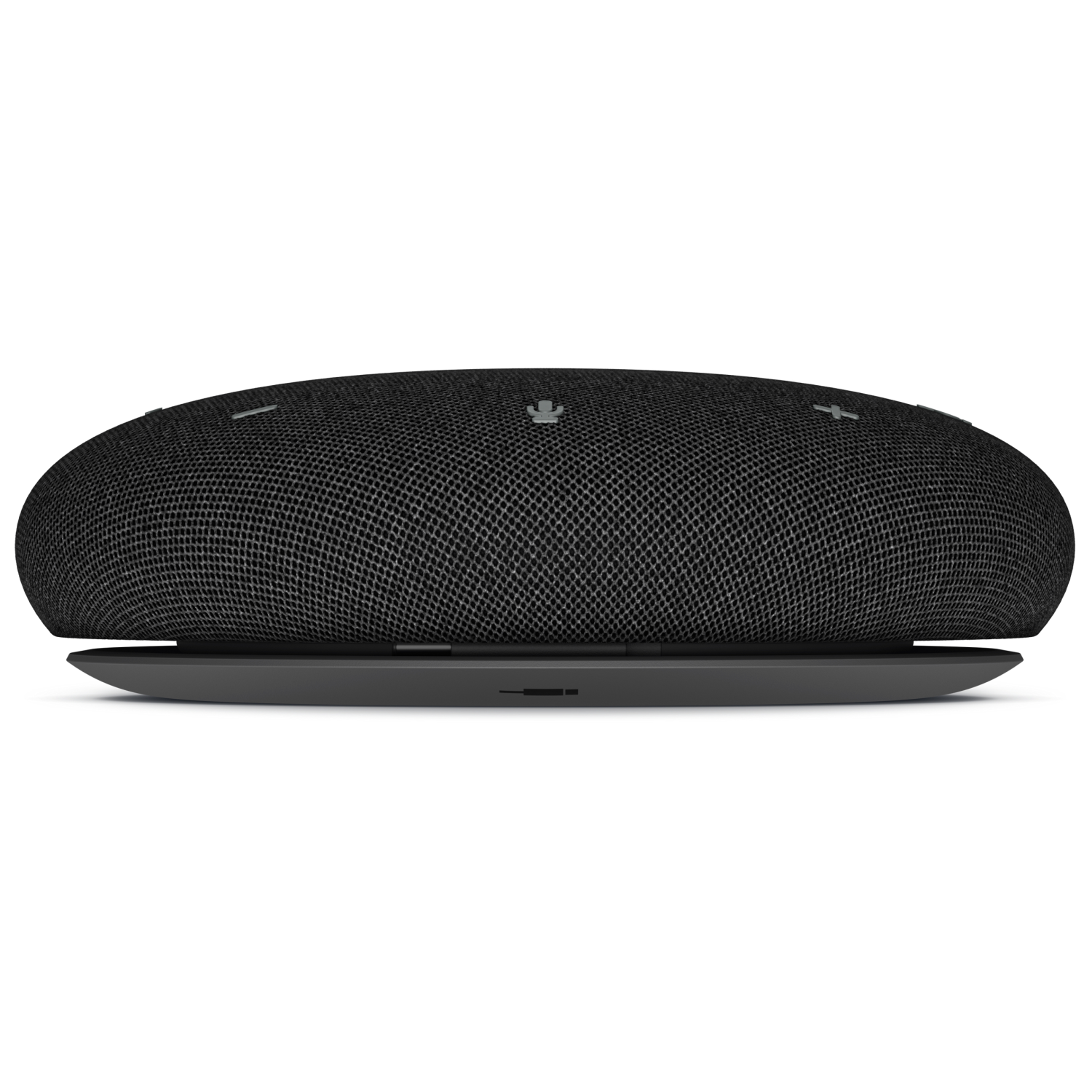 Smart speaker nero con copertura in tessuto e pulsanti argentati.