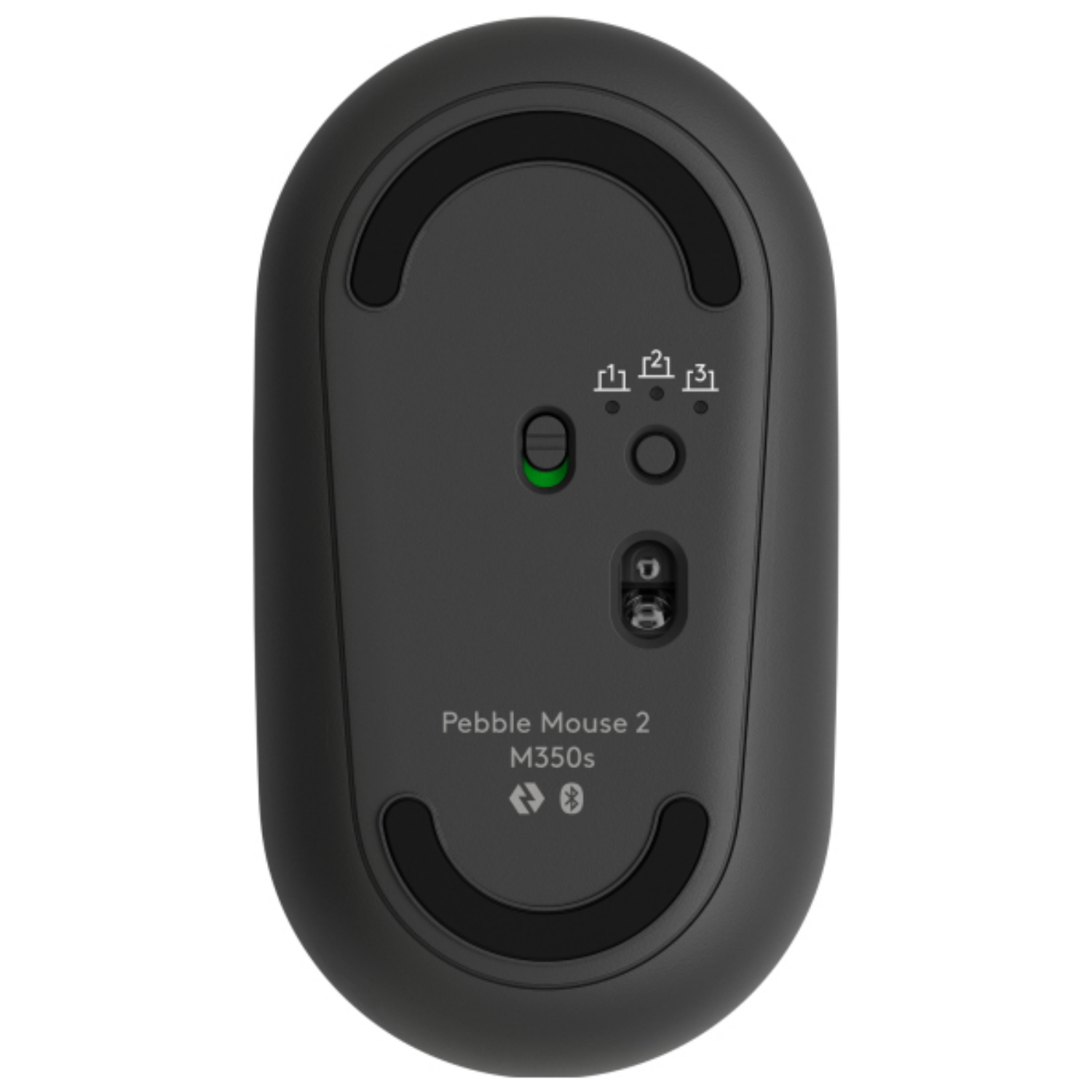Parte inferior del ratón Logitech Pebble Mouse 2 M350s negro, con interruptor de encendido e iconos Bluetooth.