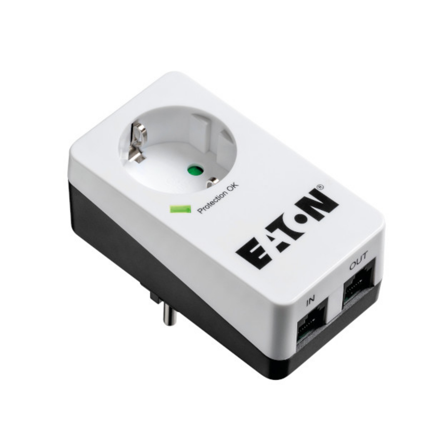 Ein weißer Überspannungsschutzadapter mit schwarzem Sockel und zwei Ethernet-Anschlüssen.