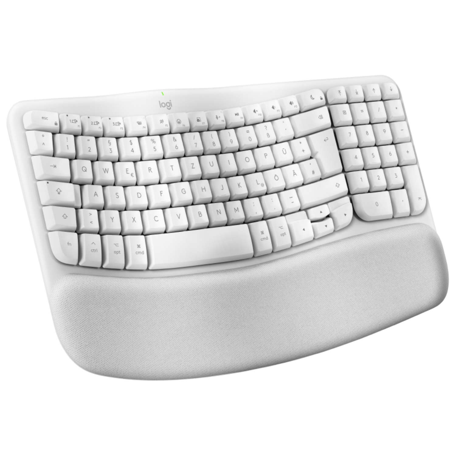 Biała, ergonomiczna klawiatura Logitech ze zintegrowaną podpórką na nadgarstek.