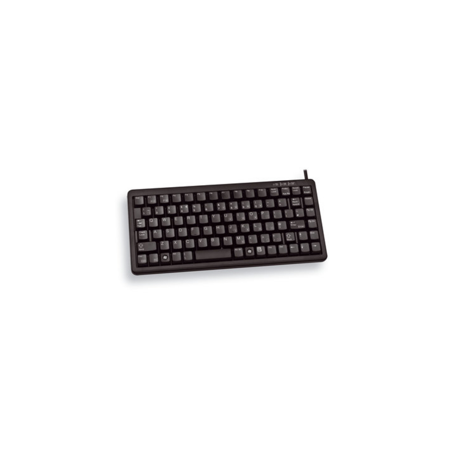 Ein schwarzes, kompaktes Keyboard auf weißem Hintergrund.