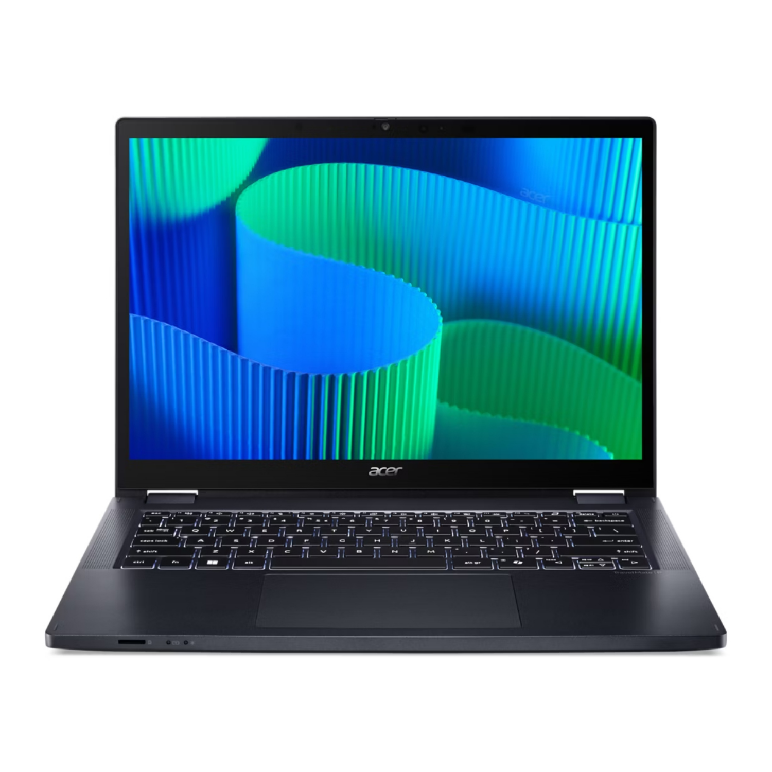 Otwarty czarny laptop z podświetlaną klawiaturą i niebiesko-zielonym tłem ekranu.