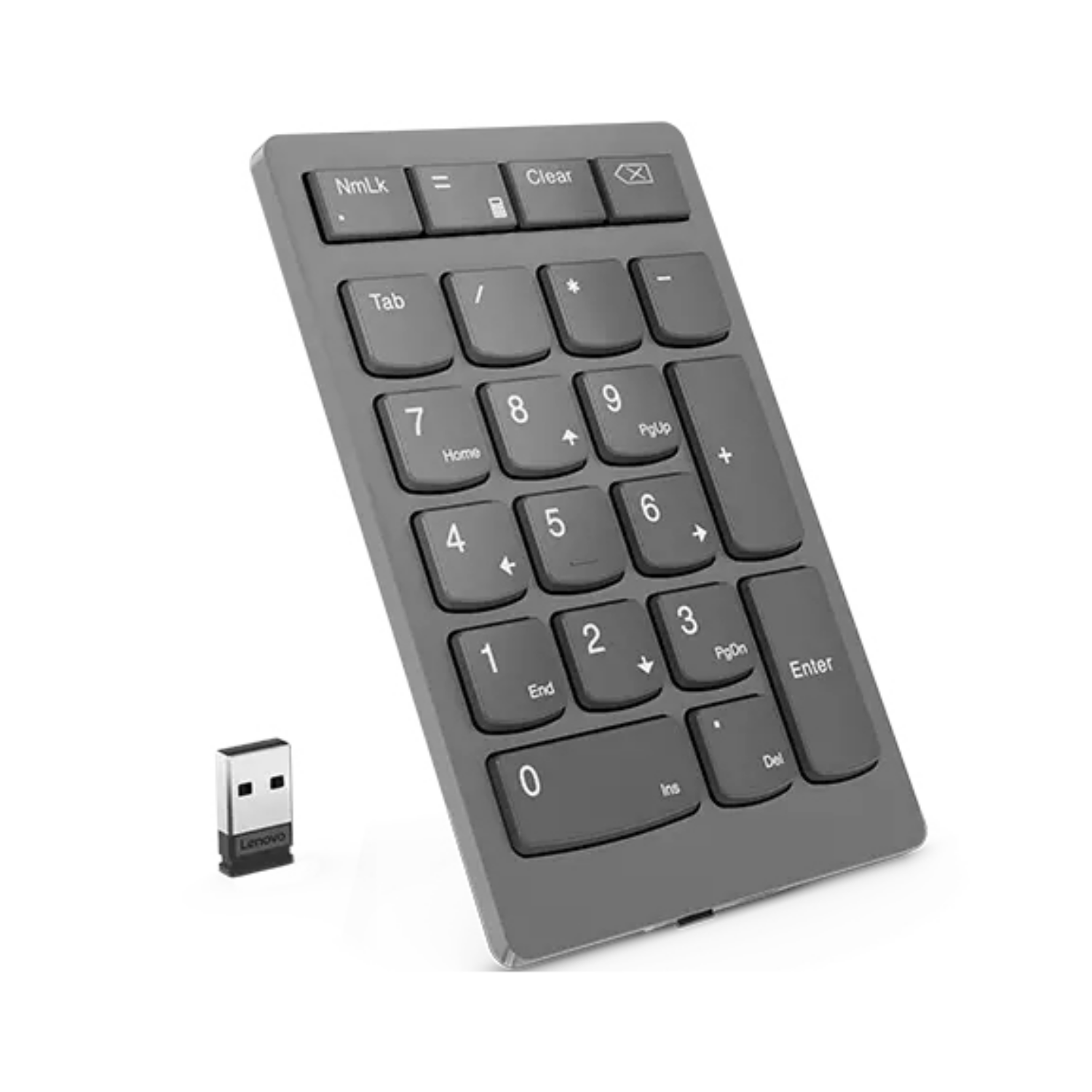 Szara bezprzewodowa klawiatura numeryczna Lenovo z kluczem USB na białym tle.