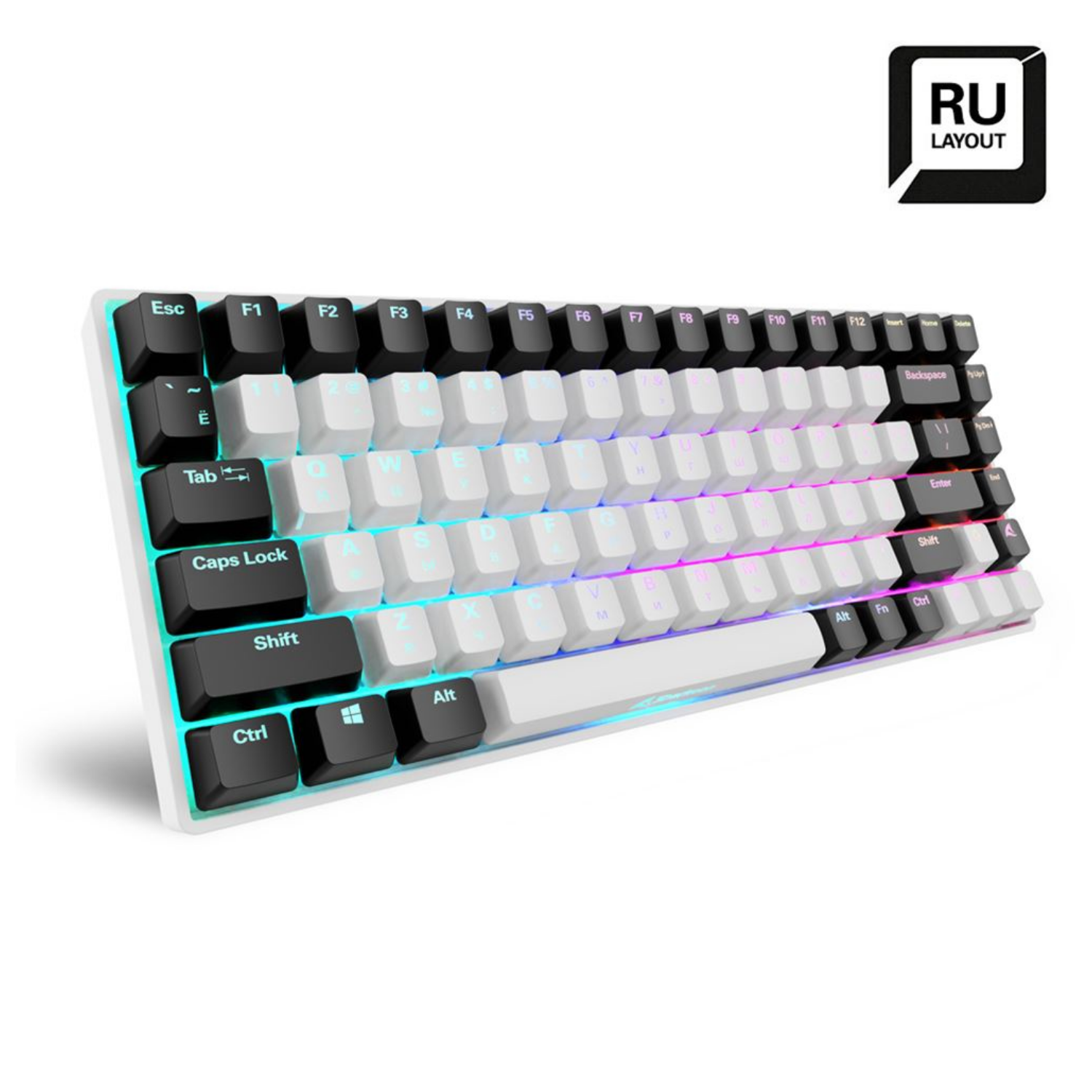 Una tastiera bianca con lettere russe e illuminazione RGB.