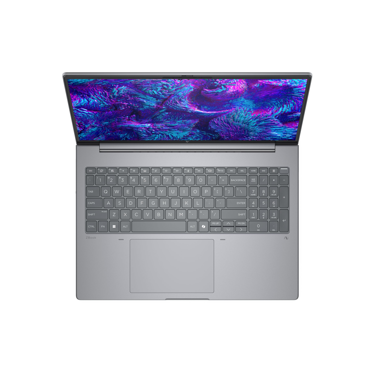 Otwarty, szary laptop z kolorową, abstrakcyjną tapetą na ekranie.