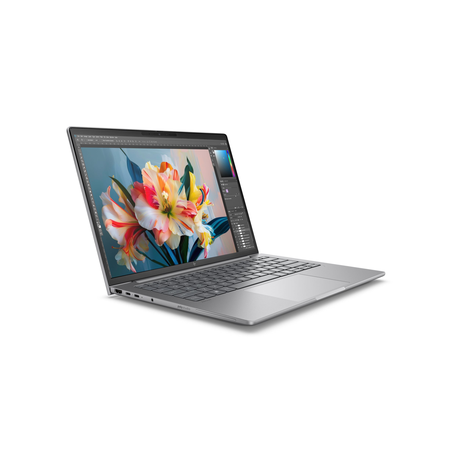 Srebrny laptop wyświetla ekran z kwiatami i paskami narzędzi.