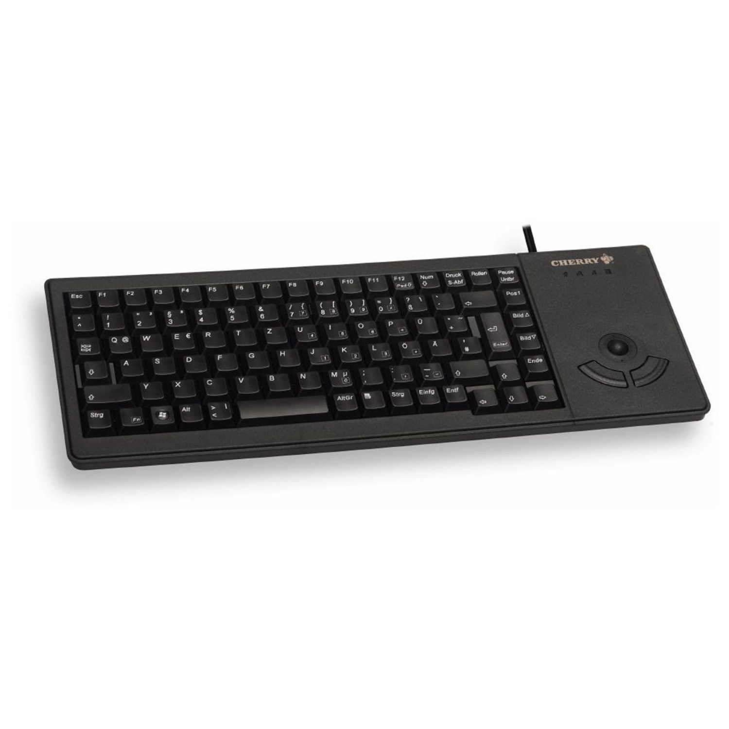 Teclado Cherry negro con trackball y muchas teclas.