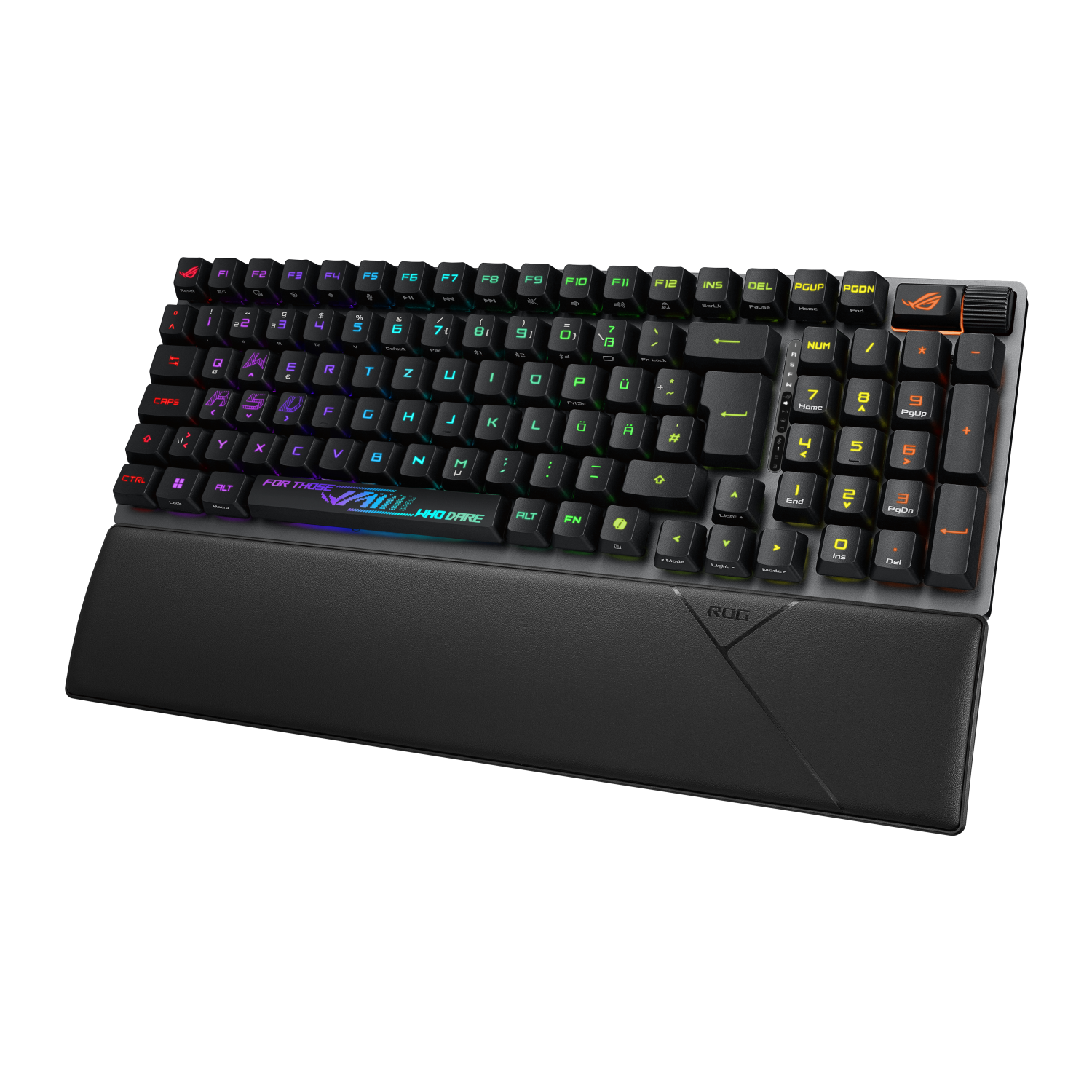 Czarna klawiatura gamingowa z podświetleniem RGB i podpórką na nadgarstki.