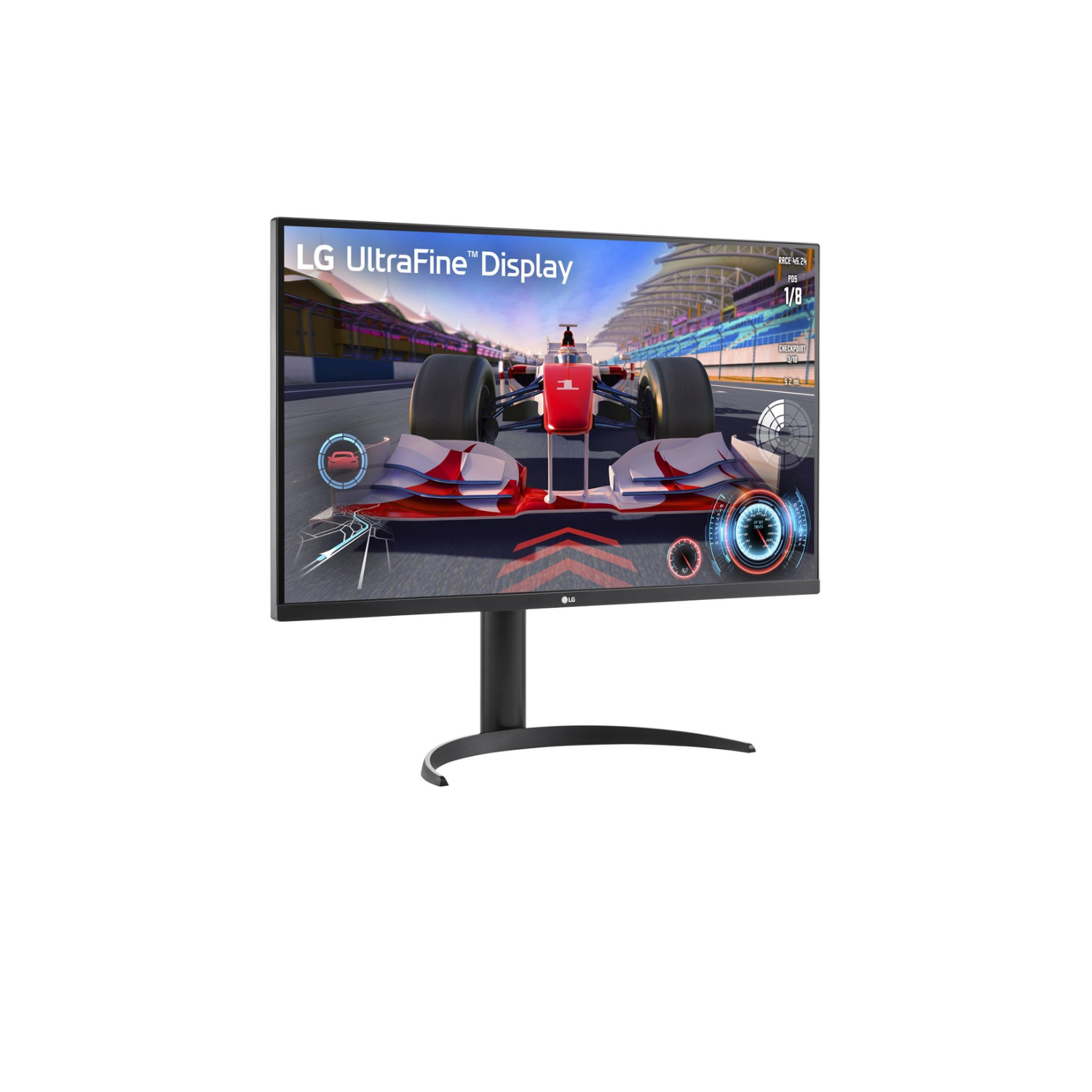 Wyświetlacz LG UltraFine pokazuje grę wyścigową z bolidem F1 i torem.