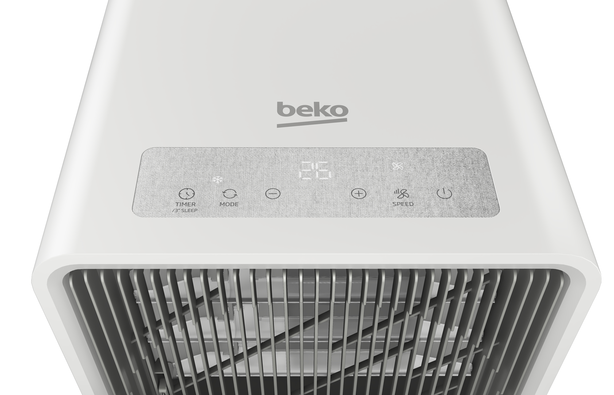 Ein weißer Beko-Luftreiniger mit digitaler Anzeige und Symbolen für Timer, Modus und Geschwindigkeit.