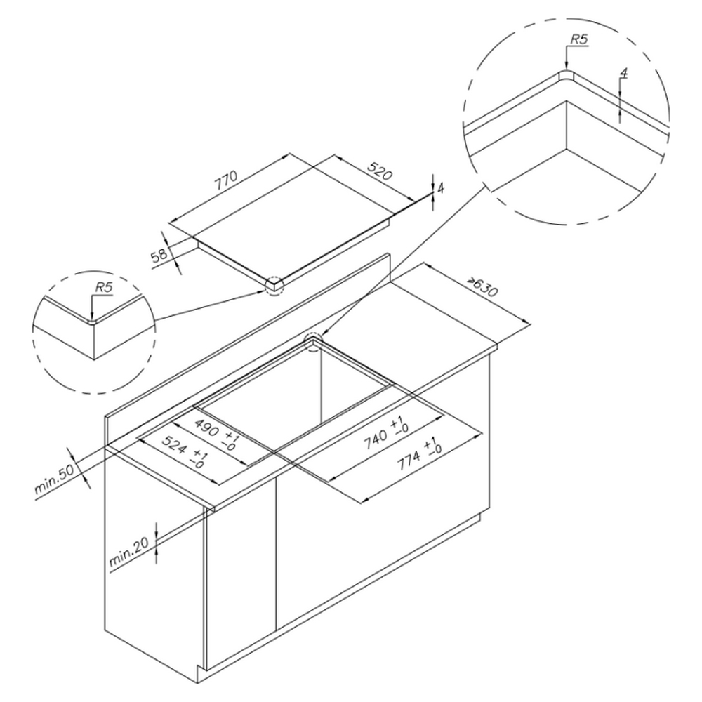 Disegno tecnico di un piano cottura da incasso con dimensioni.