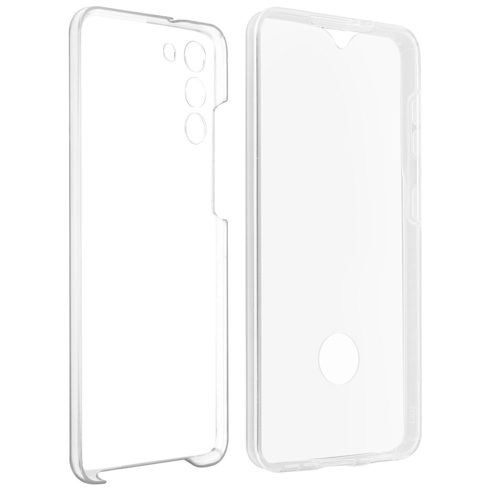 Due custodie trasparenti per telefono, una con foro fotocamera, una accanto all'altra.