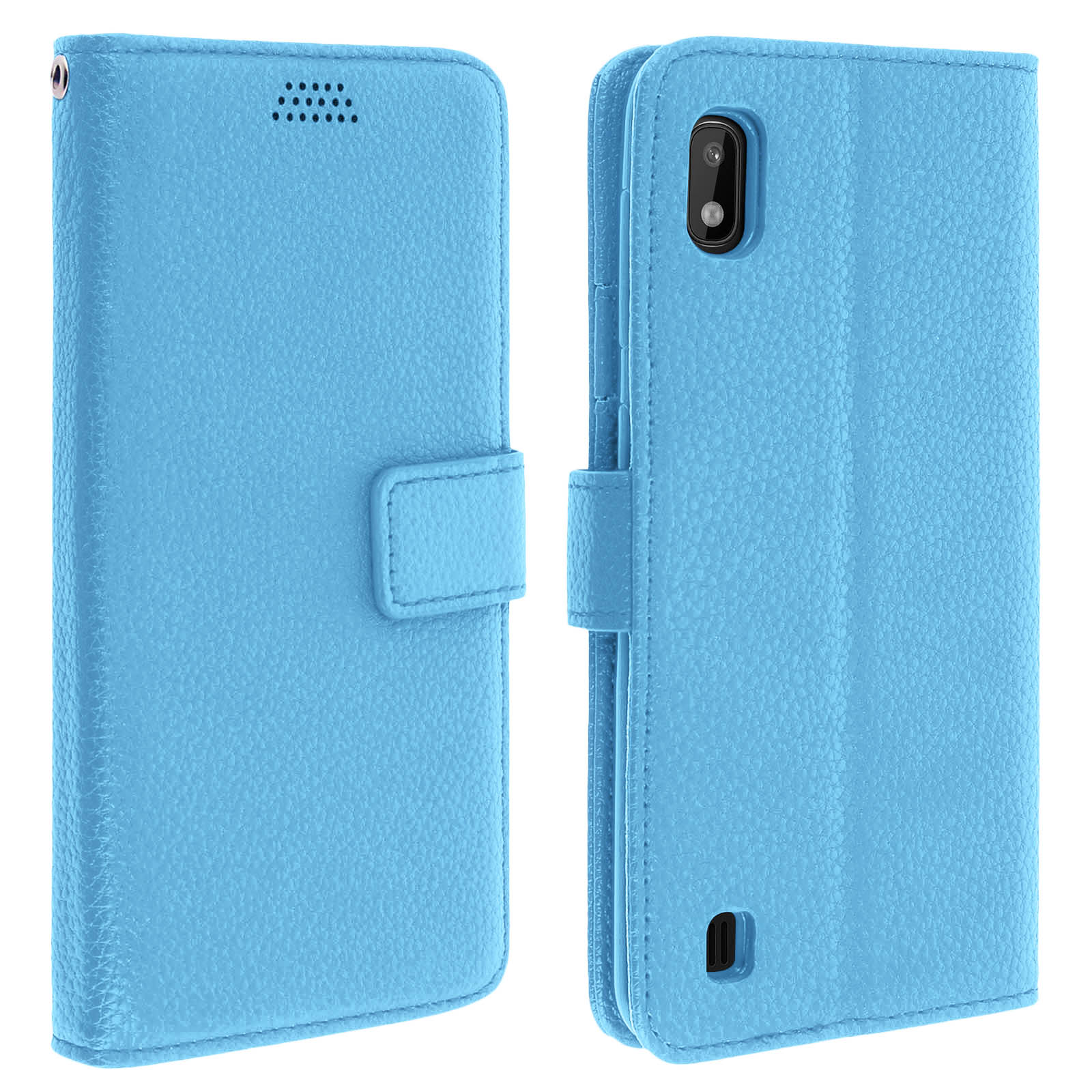 Een blauwe kunstlederen telefoonhoes met drukknoopsluiting en camerabehuizing.