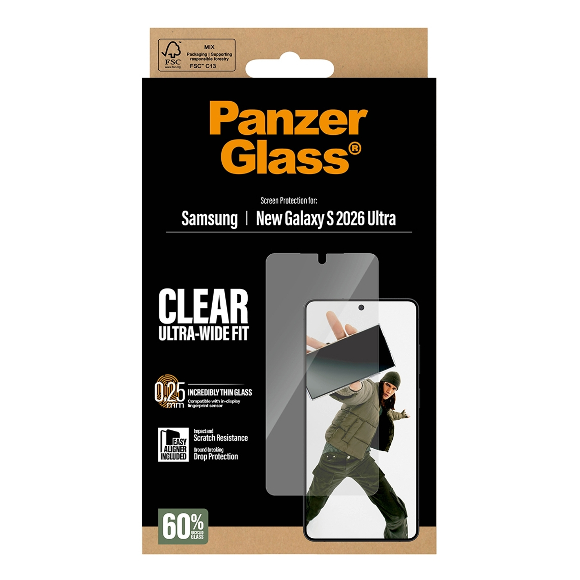 Panzer Glass screen protector packaging for Samsung S2026 Ultra. Features a man and phone.